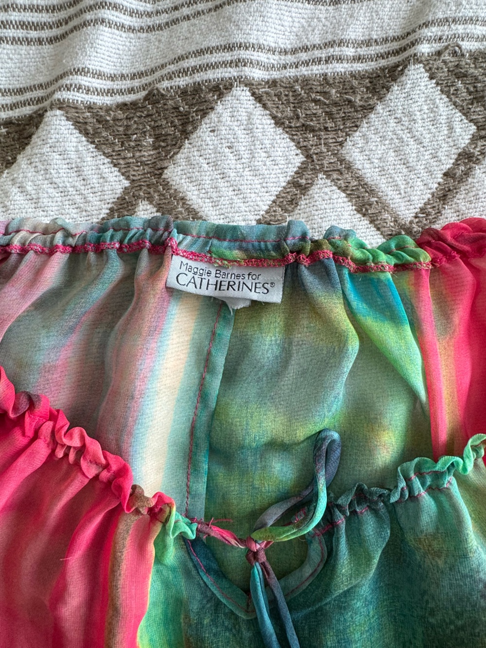 Catherines Sheer Multicolor Tie-Neck Tunic - Pink & Green - Picture 5 of 5